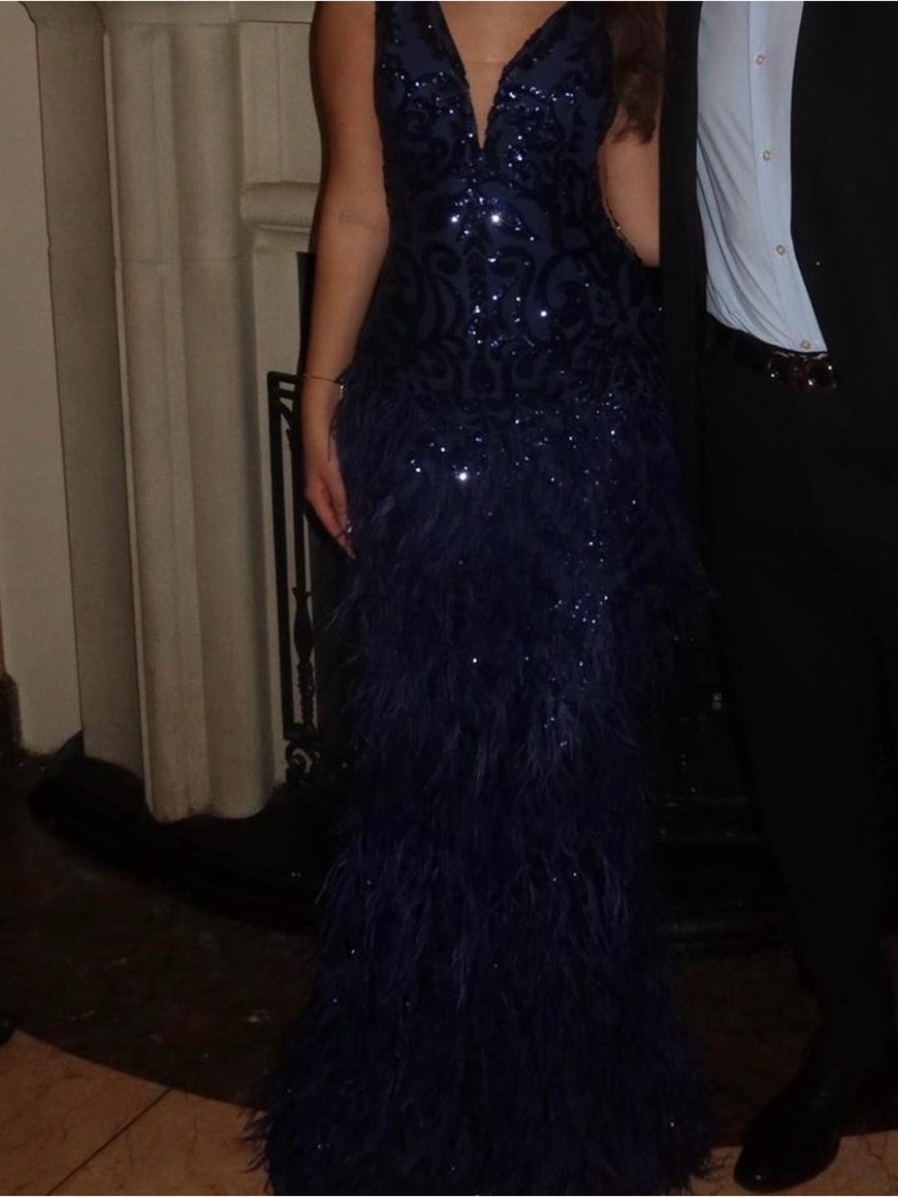Jovani Navy Sequin Feather High-Slit Evening Gown - Picture 7 of 7
